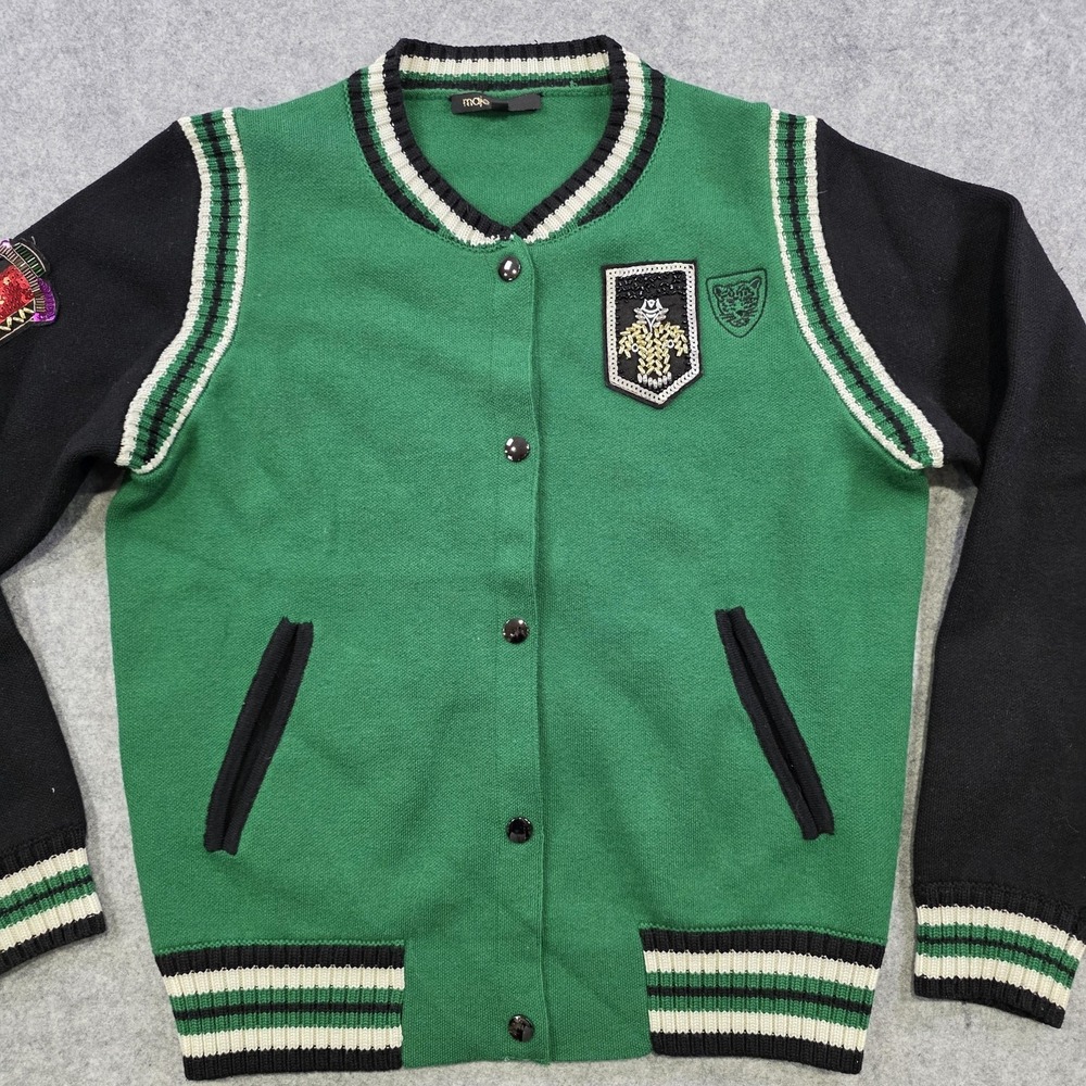 Maje Sweater Womens‎ 2 Green Varsity Cardigan Knit Sequin Patches Jacket Preppy - Picture 3 of 13